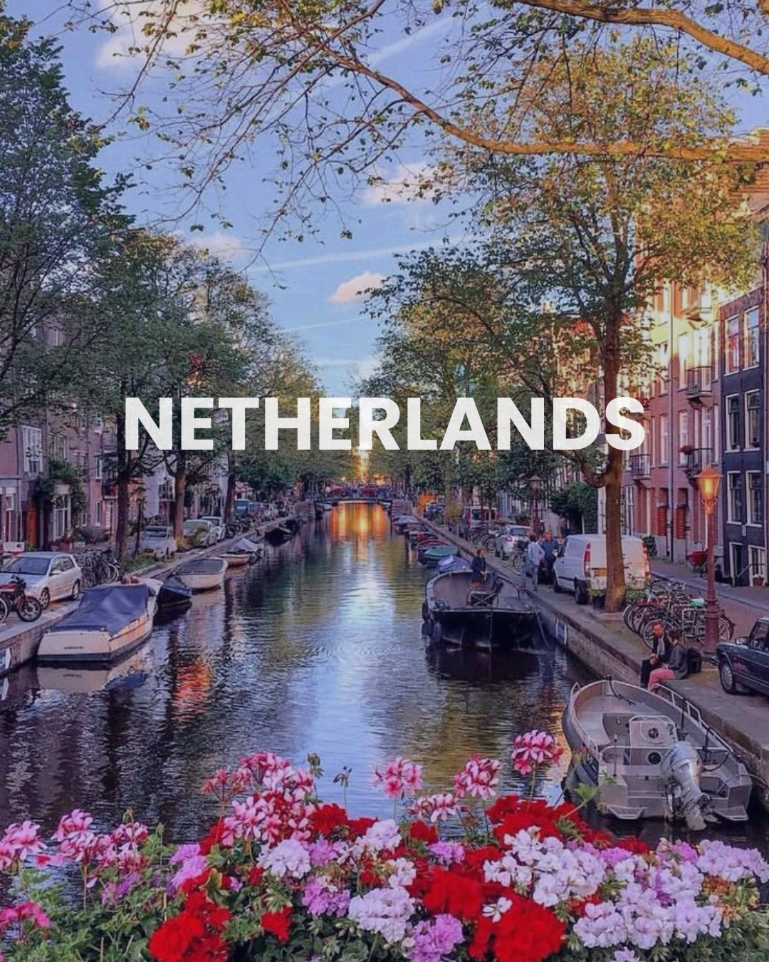 A canal lined with parked boats and cars, with buildings and trees on either side, under a partly cloudy sky, with colorful flowers in the foreground, captioned 'NETHERLANDS'.