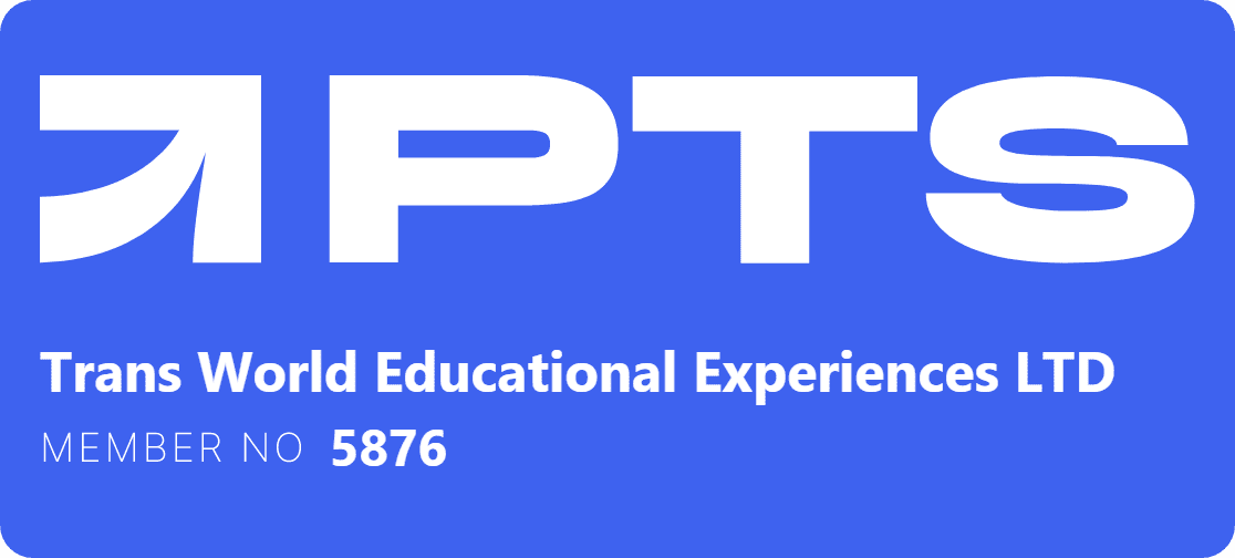 Logo for Trans World Educational Experiences Ltd with large white letters 'PT' and arrow symbol on blue background, along with membership number 5876.