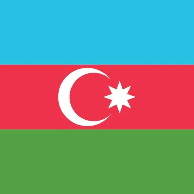 Flag of Azerbaijan with blue, red, and green horizontal stripes and a white crescent and an eight-pointed star in the center of the red stripe.