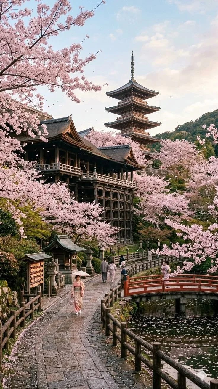 A traditional Japanese temple surrounded by cherry blossom trees in full bloom, with people walking on a stone pathway over a small pond and a pagoda in the background.