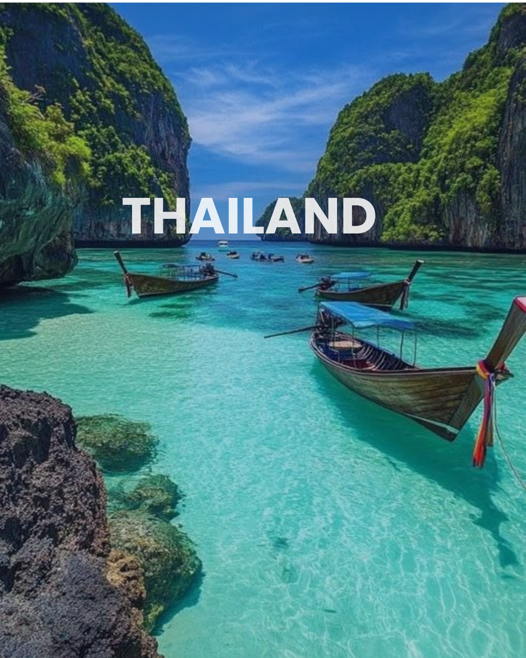 Tropical cove with turquoise water, boats, lush green cliffs, and blue sky in Thailand.
