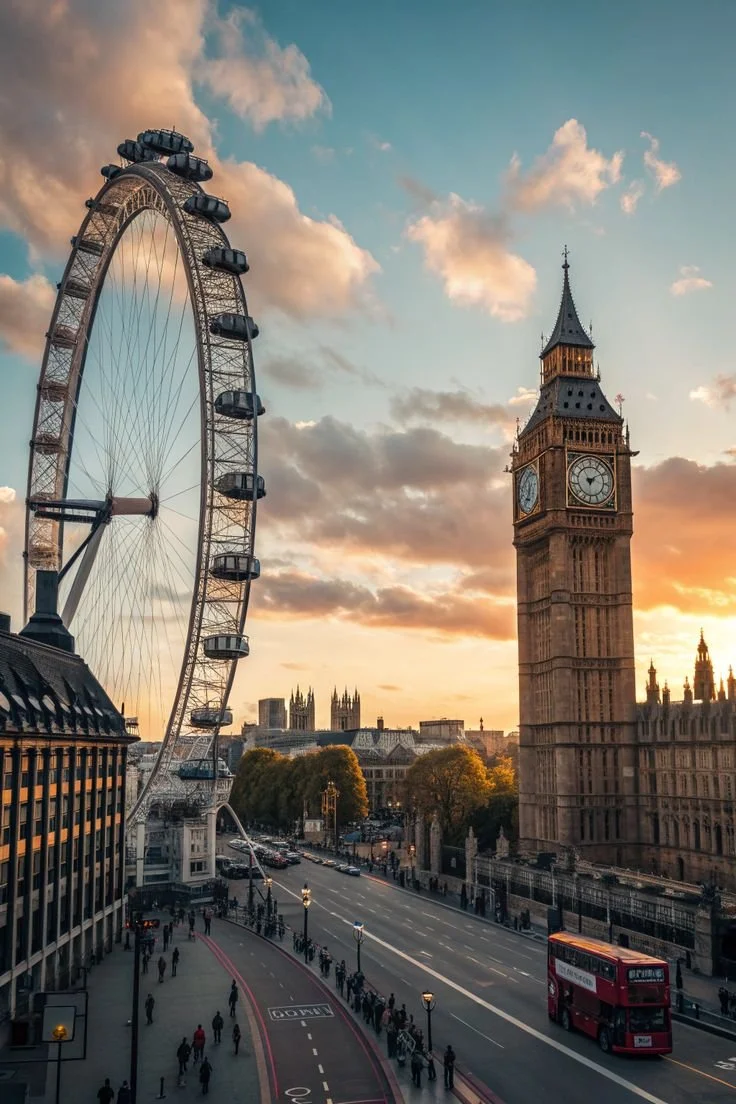 London cityscape at sunset featuring the London Eye Ferris wheel and Big Ben clock tower.