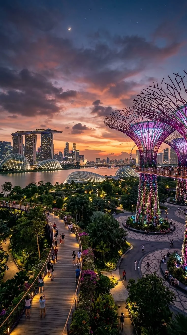 Colorful evening view of Singapore, featuring the Marina Bay Sands hotel, Gardens by the Bay with illuminated Supertree Grove, and surrounding gardens with walking paths and people.