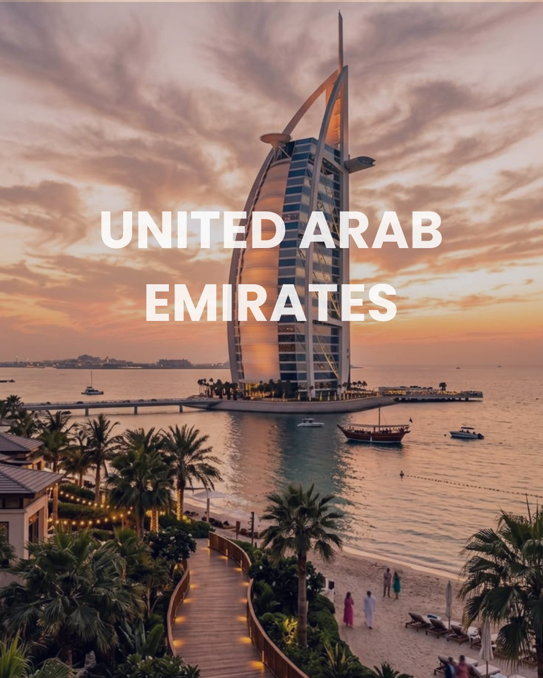 The iconic Burj Al Arab hotel in Dubai during sunset, with a pathway, palm trees, and people strolling by the beach.
