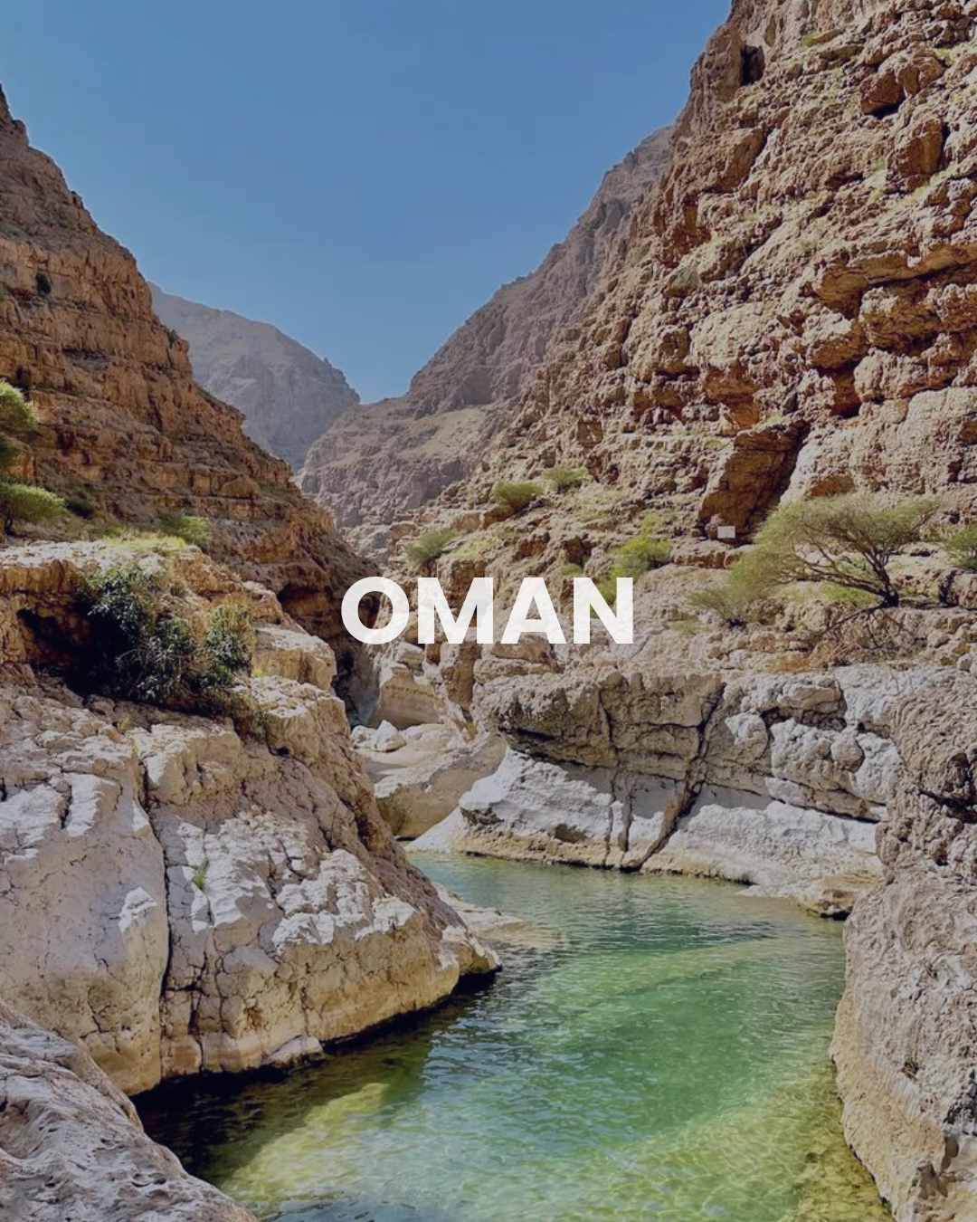 A rocky desert canyon with a small greenish river flowing through it, under a clear blue sky. The word "OMAN" is overlaid in white text.