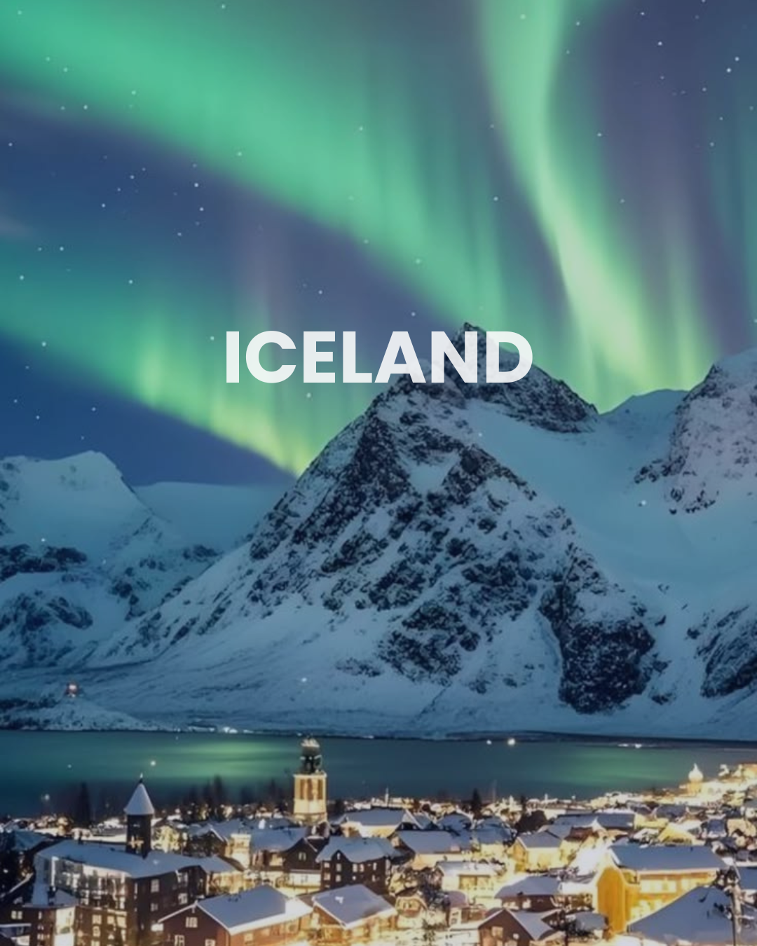 Nighttime landscape in Iceland with snowy mountains, a town with snow-covered rooftops, and the Northern Lights in the sky.