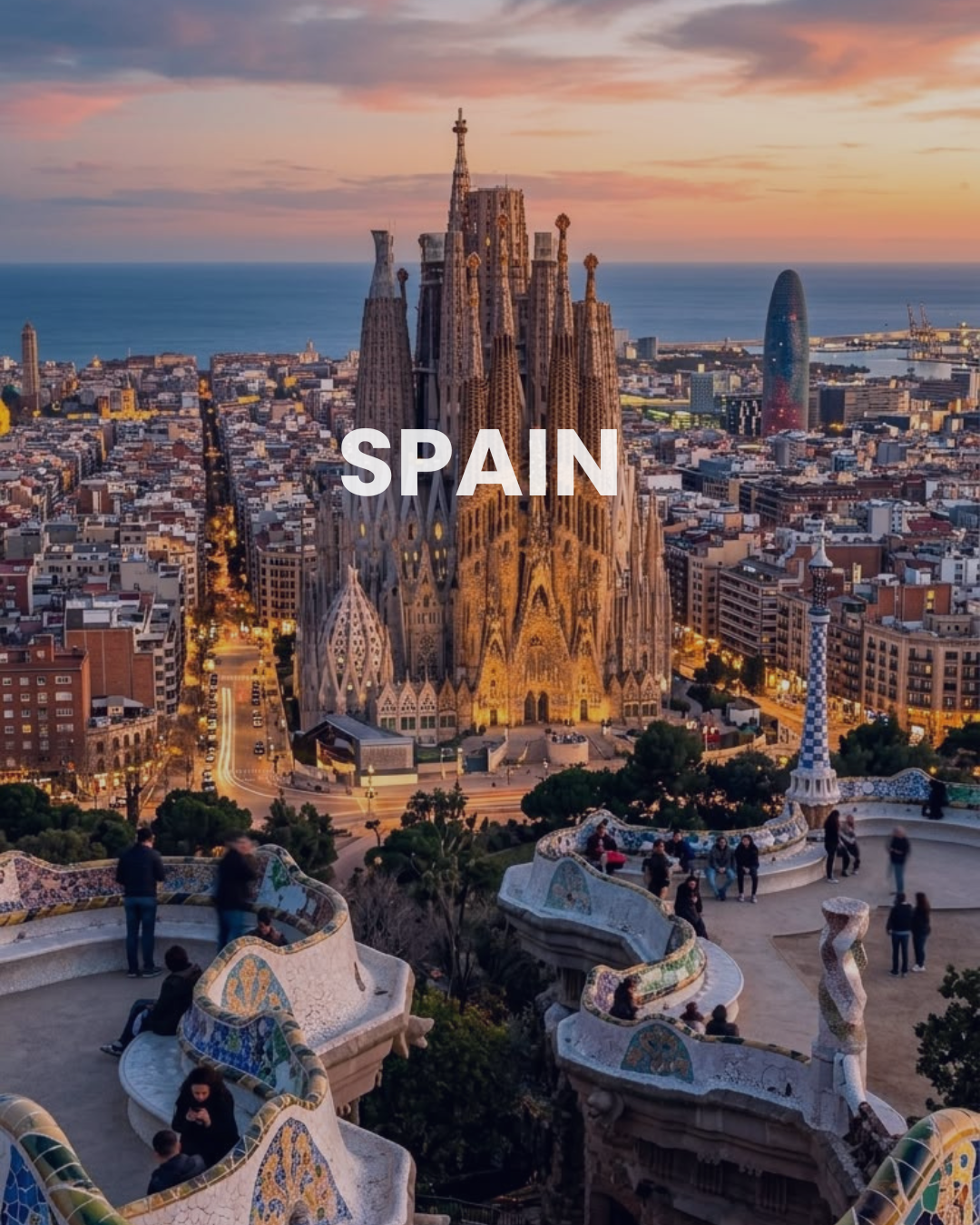 Cityscape of Barcelona, Spain, at sunset featuring La Sagrada Família basilica and park Güell with colorful mosaic benches and visitors.