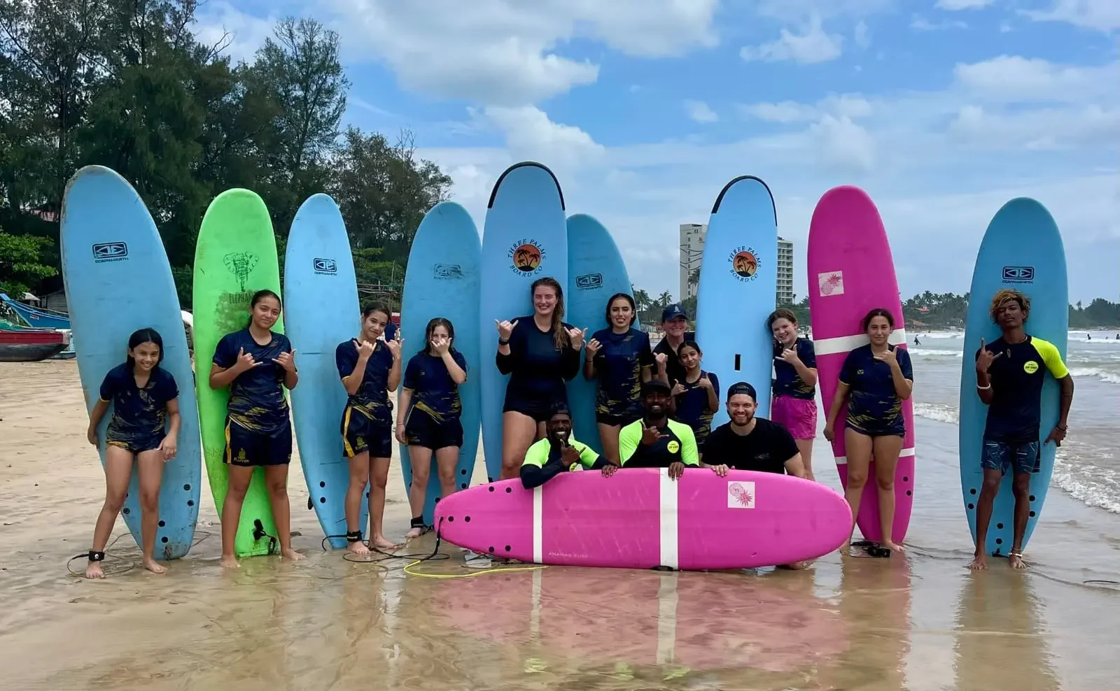 Group of people at the beach with surfboards, smiling and making hand gestures, some standing in the water and others on the sand, with boats and trees in the background.
