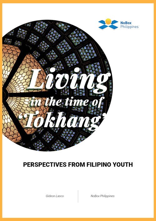 Book cover titled "Living in the time of 'Tokhang': Perspectives from Filipino youth." Features a large, circular stained-glass window with colorful geometric patterns. Logo of NoBox Philippines at the top right.