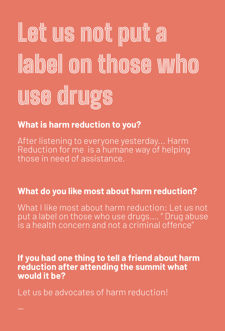 Pink background poster with white and red text promoting harm reduction and against labeling drug users.