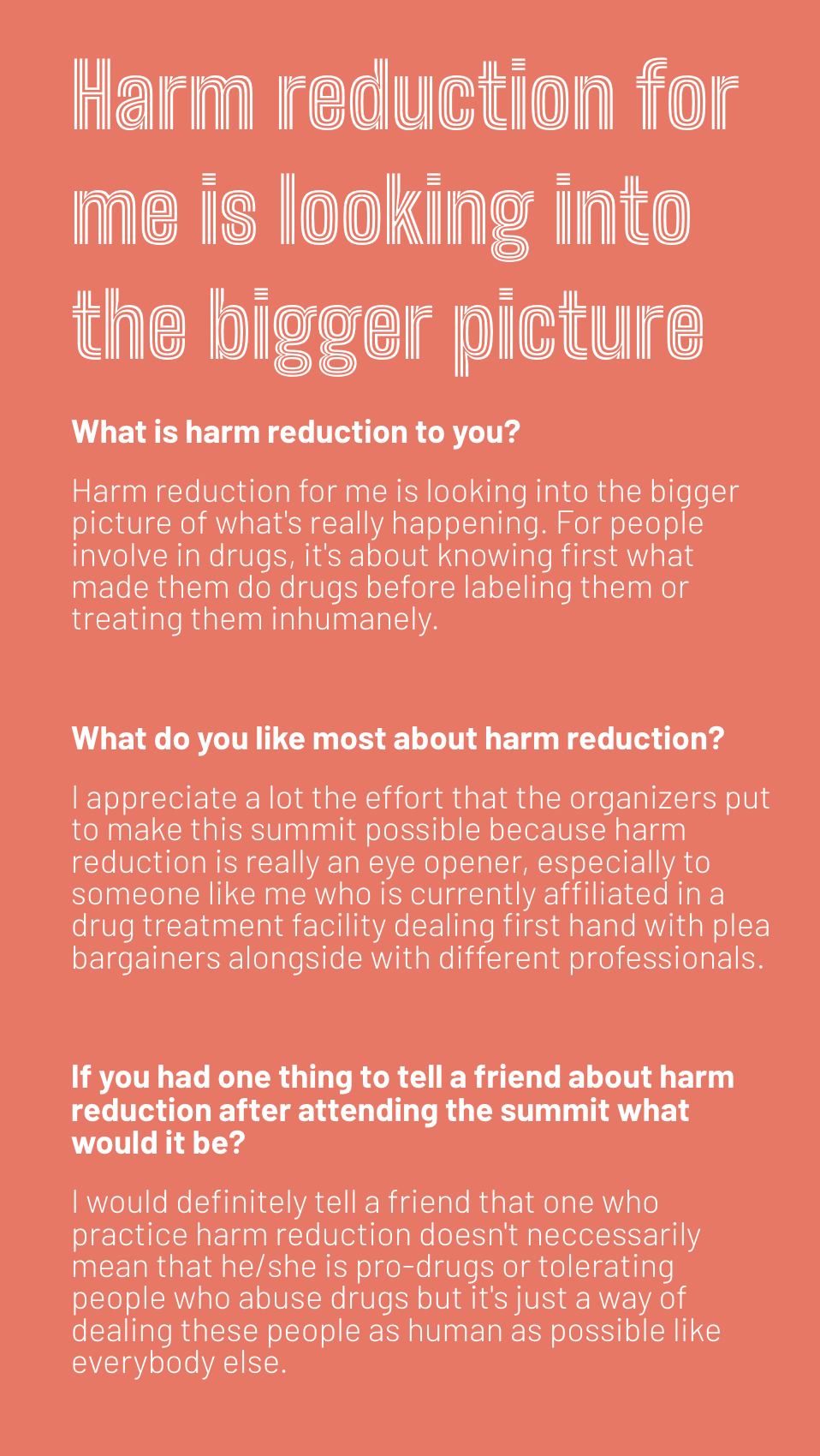 A digital poster with a pink background and white text discussing harm reduction and addiction.