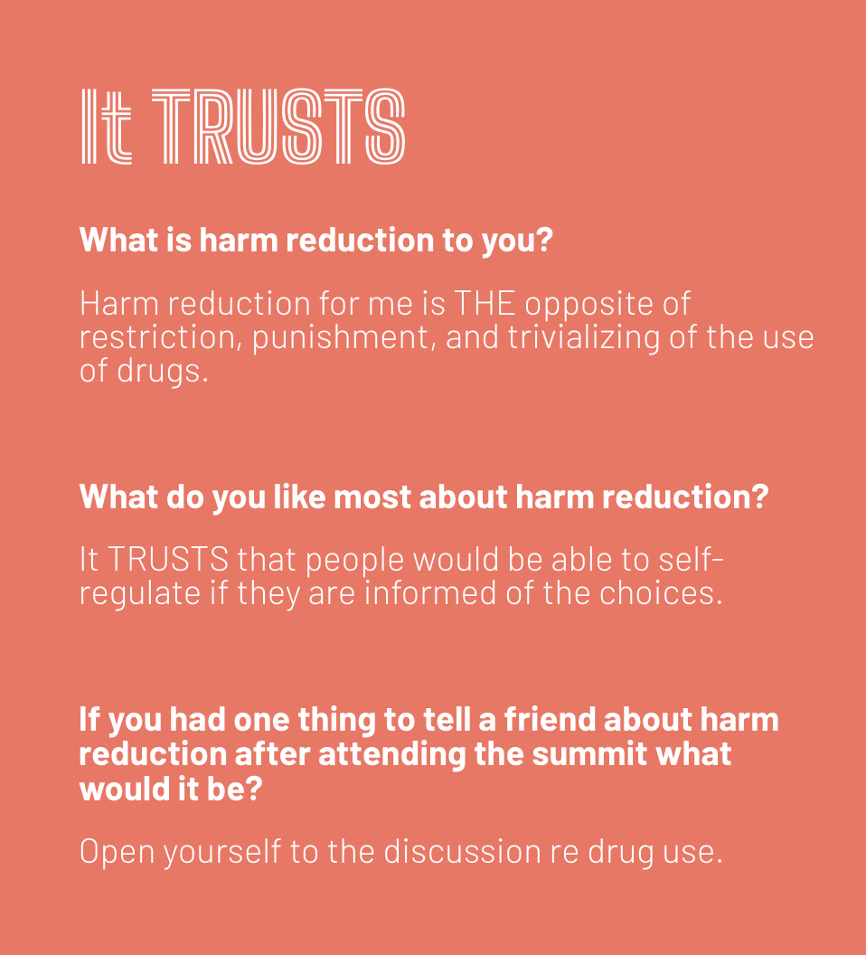 Text-based graphic with a coral background and white text discussing harm reduction, trust, and drug use.