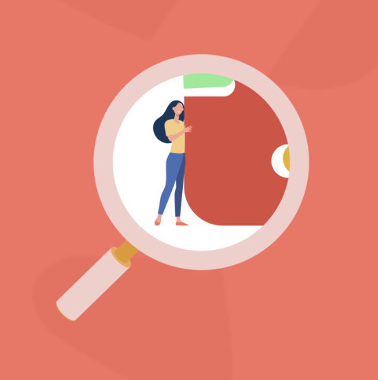Illustration of a magnifying glass focusing on a woman who is holding a large, red coffee cup.