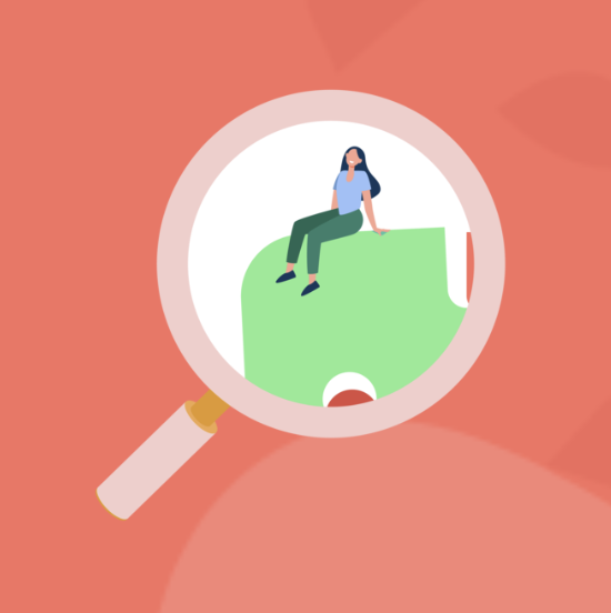 A woman sitting on a large green dollar bill viewed through a magnifying glass, set against a peach-colored background.