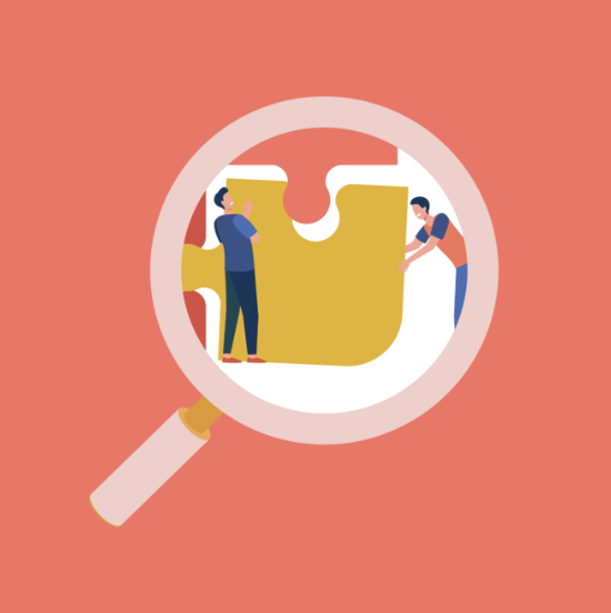 Illustration of two men holding a large puzzle piece under a magnifying glass, with a pink background.