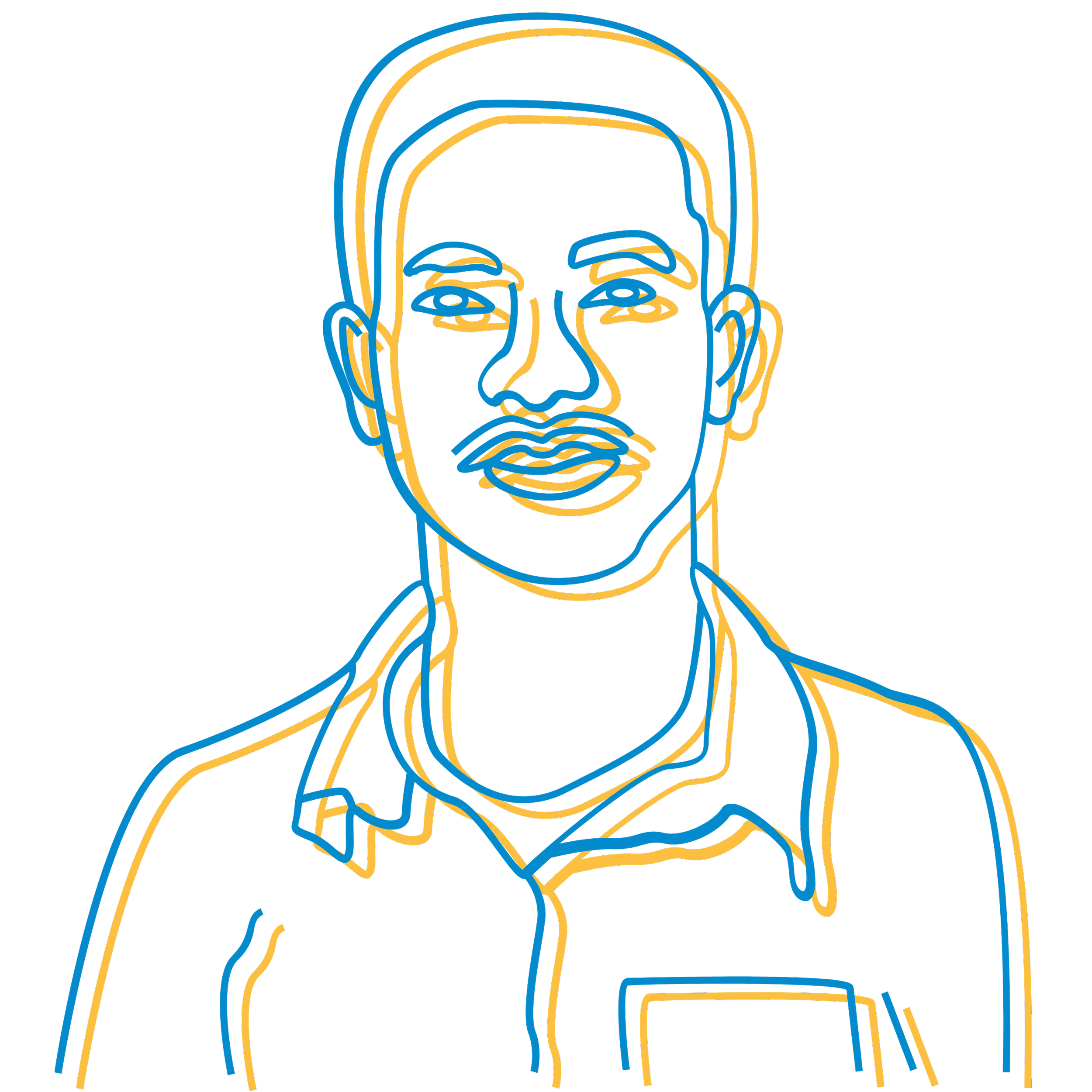 Line art portrait of a person with short hair, smiling, wearing a collared shirt with a pocket, neon-style blue and yellow lines on black background.