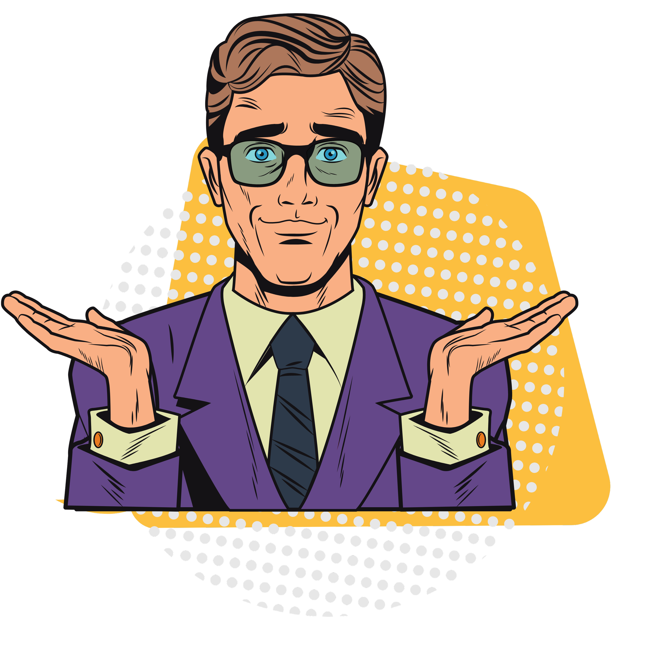 A comic-style illustration of a man with brown hair, glasses, in a purple suit, sitting at a desk with a yellow polka-dot backdrop, holding his hands up with palms facing upward.