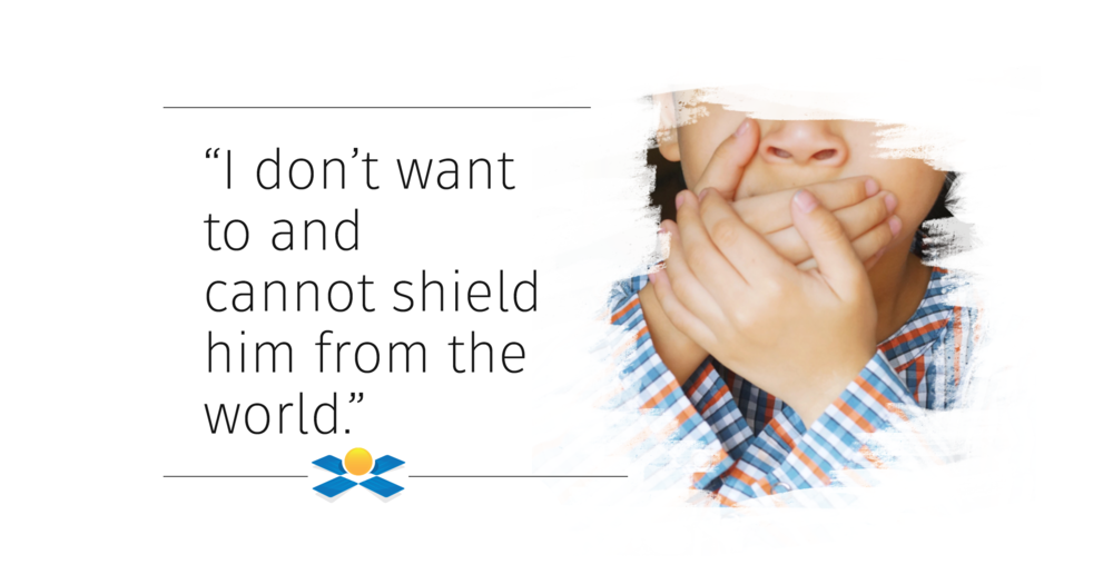 A young boy with hands covering his mouth, wearing a plaid shirt, next to a quote about protecting someone from the world.