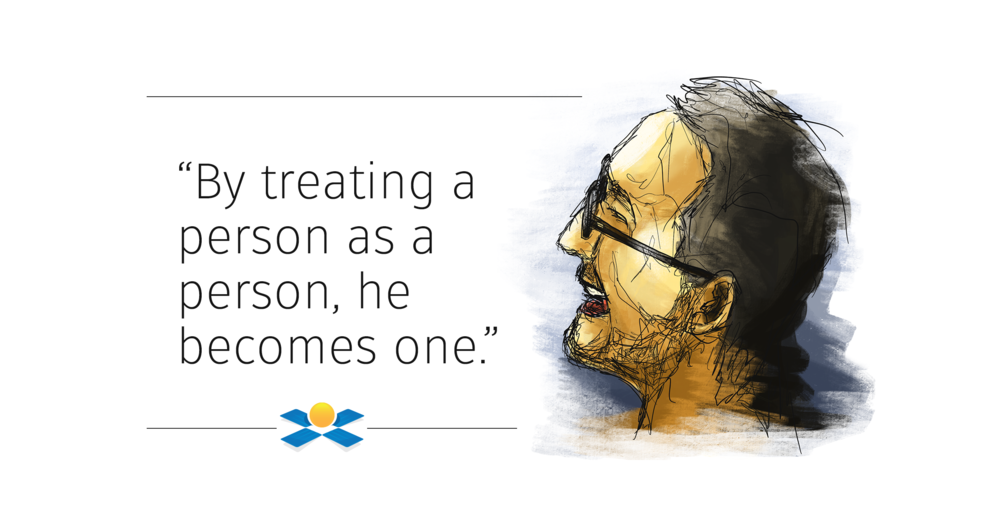 Illustration of a man with glasses speaking or singing, accompanied by a quote about treating others as individuals, and a logo beneath the quote.