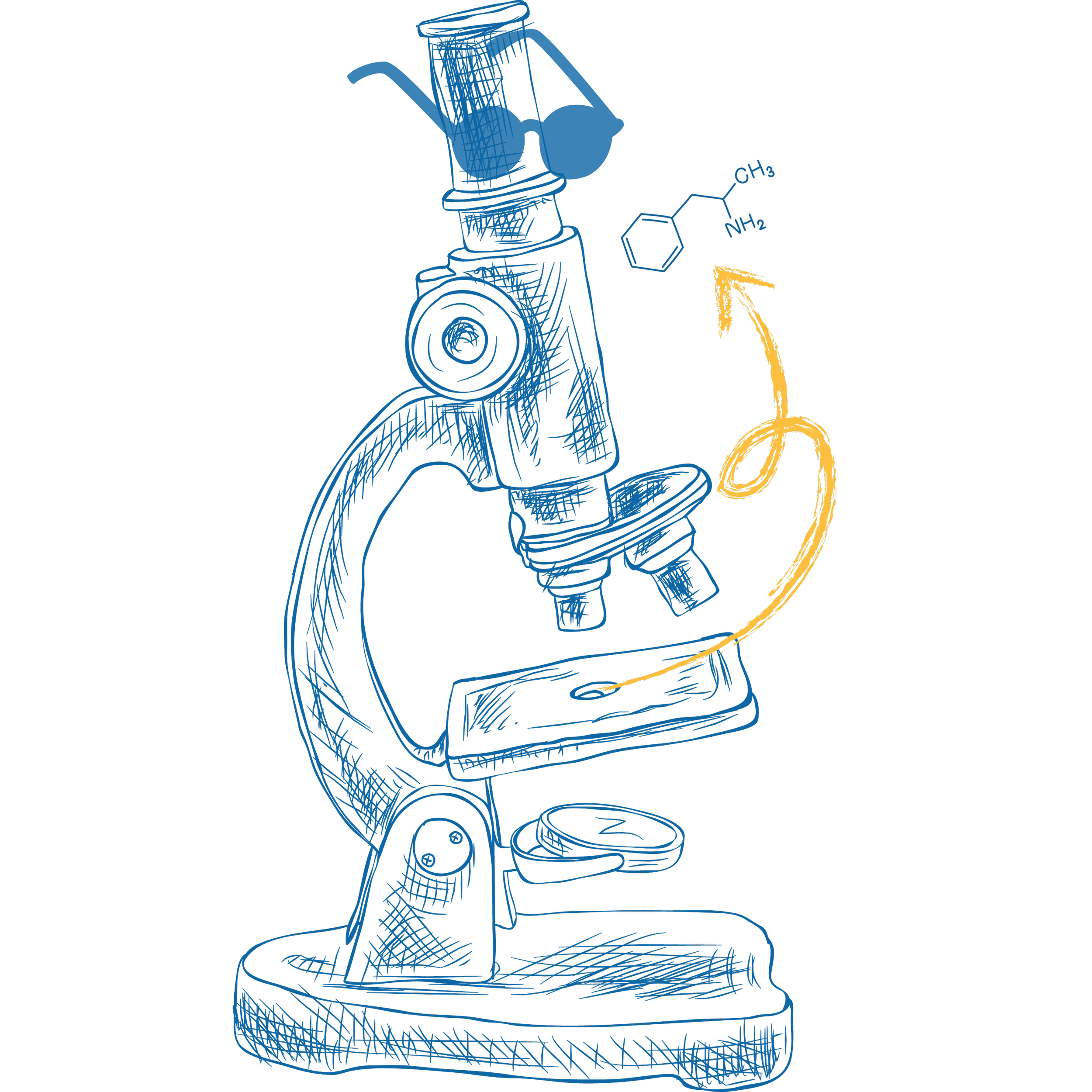 Blue sketch of a microscope with a chemical structure and an arrow pointing to the structure.