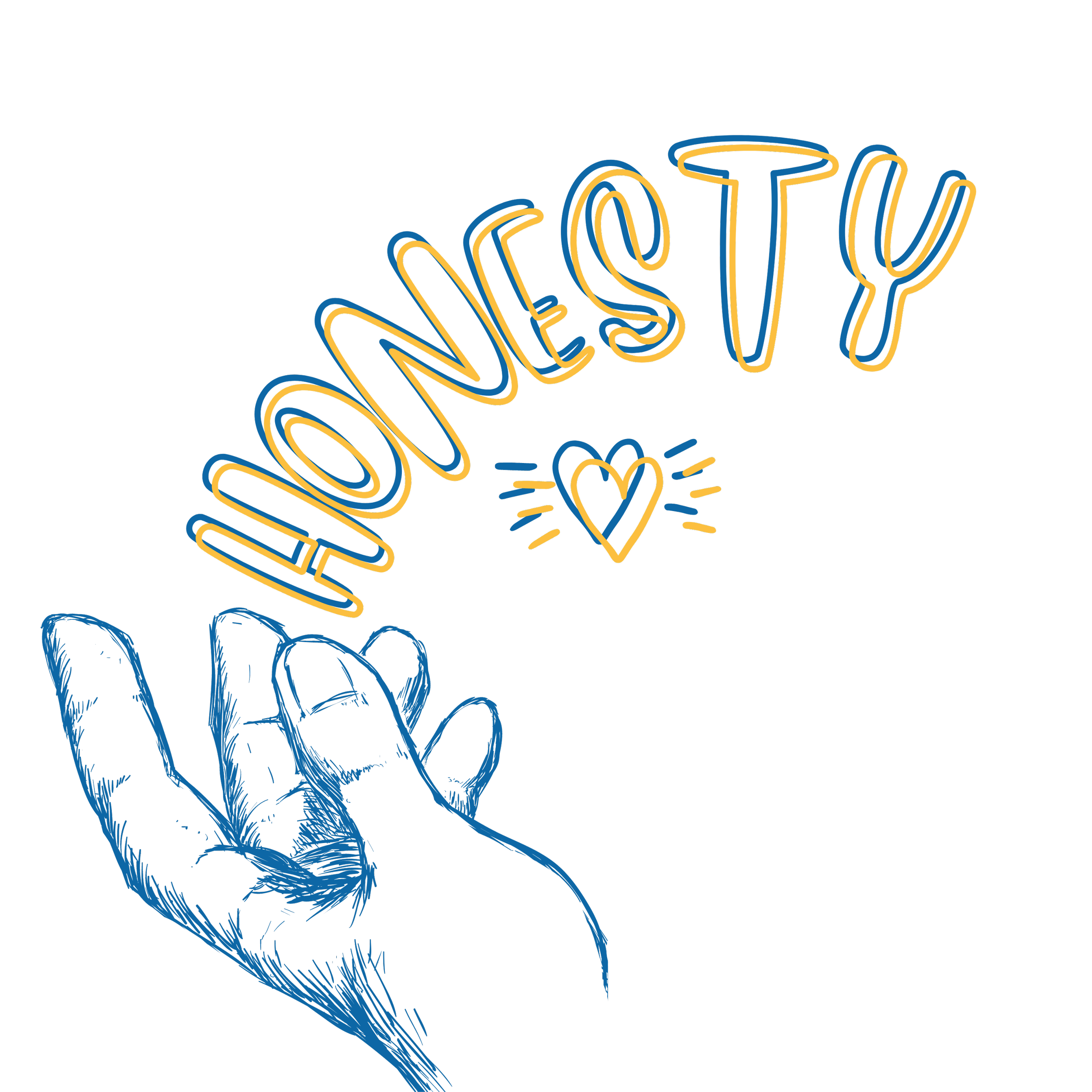 Neon-style illustration of a hand holding a heart, with the word 'WONESTY' and a small heart symbol surrounded by lines.
