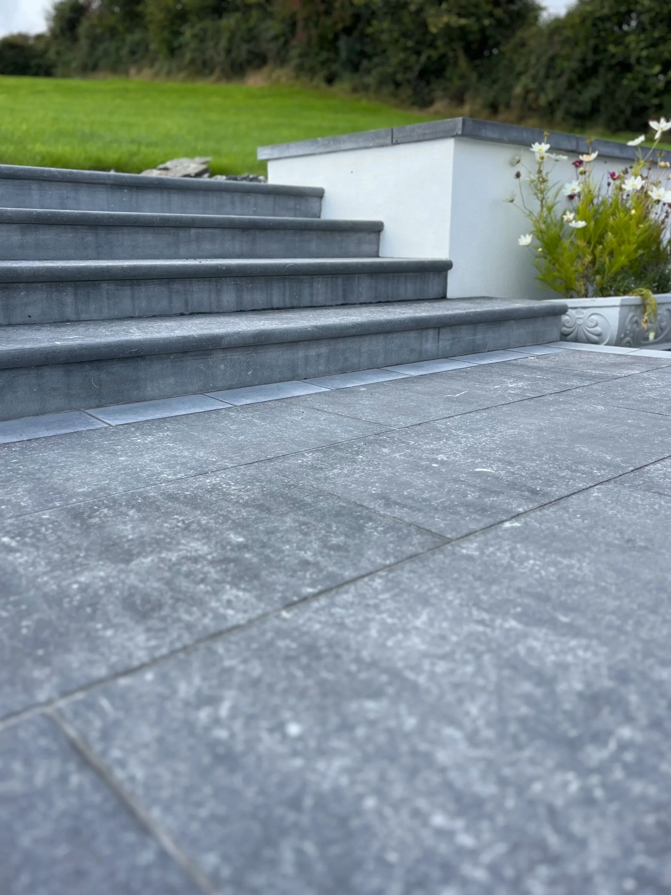 Close-up of gray stone steps outdoors, with a background of green grass and bushes.
