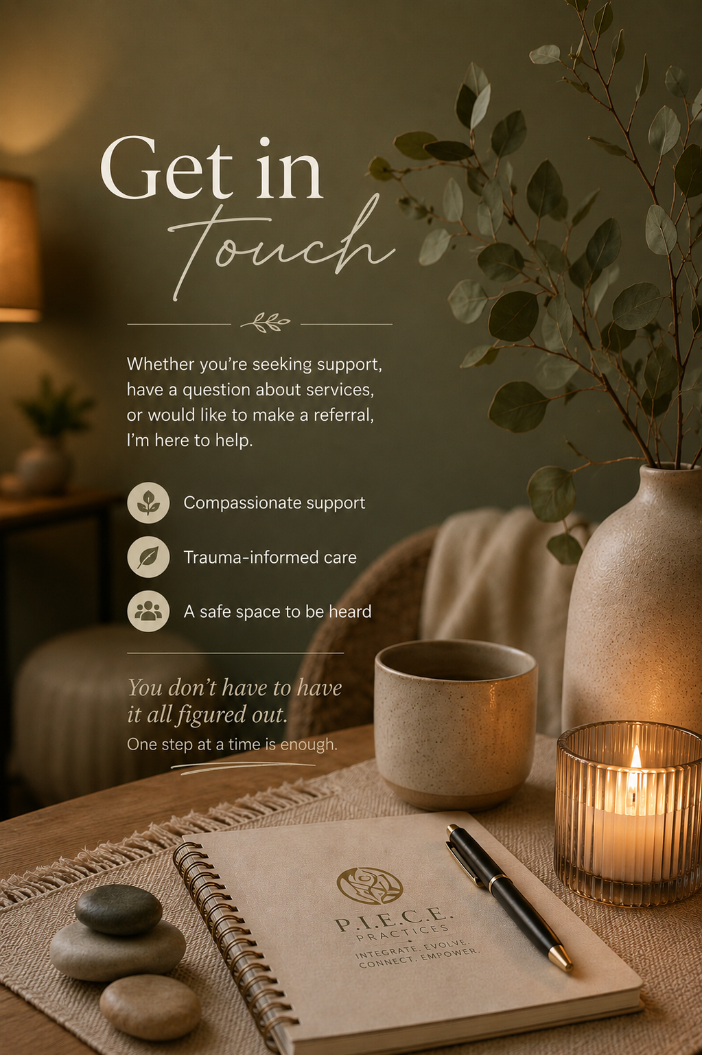 Warm, calming therapy practice contact graphic with text about compassionate support, trauma-informed care, and a safe space, alongside a journal, pen, candle, coffee mug, plant, and decorative stones.