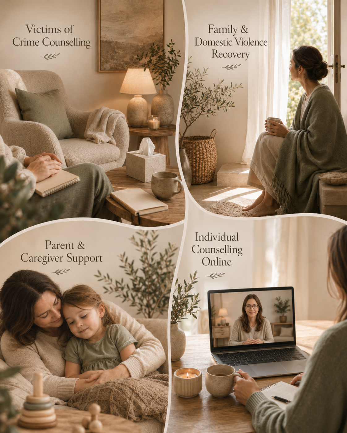 Four-panel counseling and family support collage featuring crime victim counseling, domestic violence recovery, parent and caregiver support, and online individual counseling.