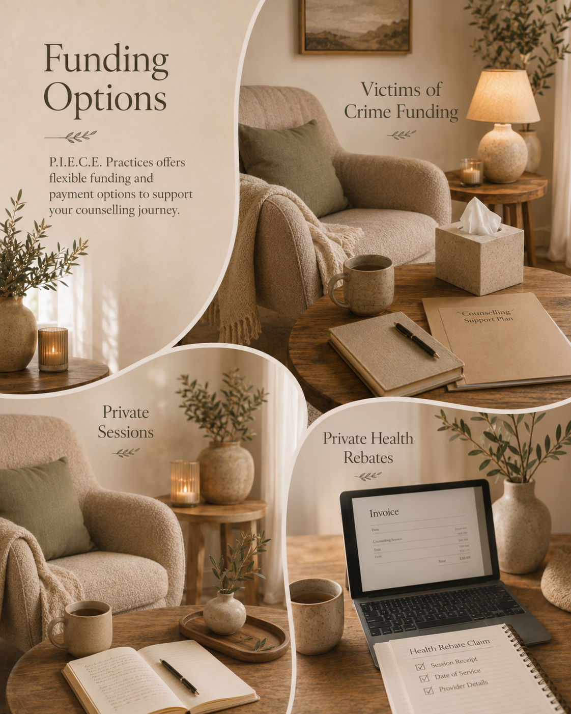 Funding options infographic for crime victims showing private counseling sessions, flexible payment options, and private health rebates in a cozy therapy setting.