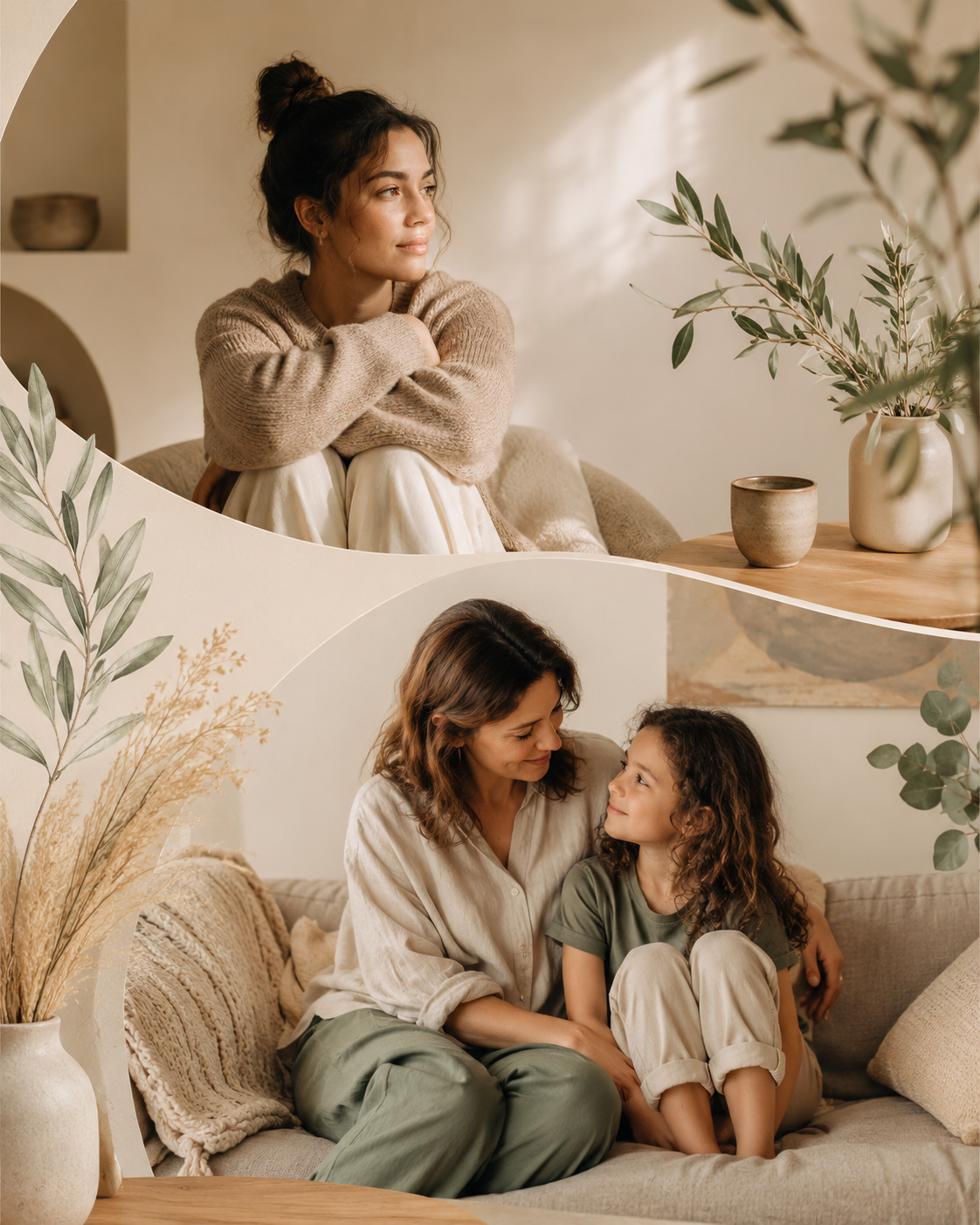 Warm-toned home interior collage featuring a woman in a cozy sweater and a mother sitting with her daughter on a sofa.