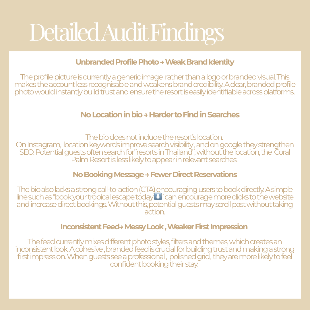 Detailed audit findings about resort brand image, bio visibility, booking messages, and feed consistency, with emphasis on improving brand recognition and booking conversions.