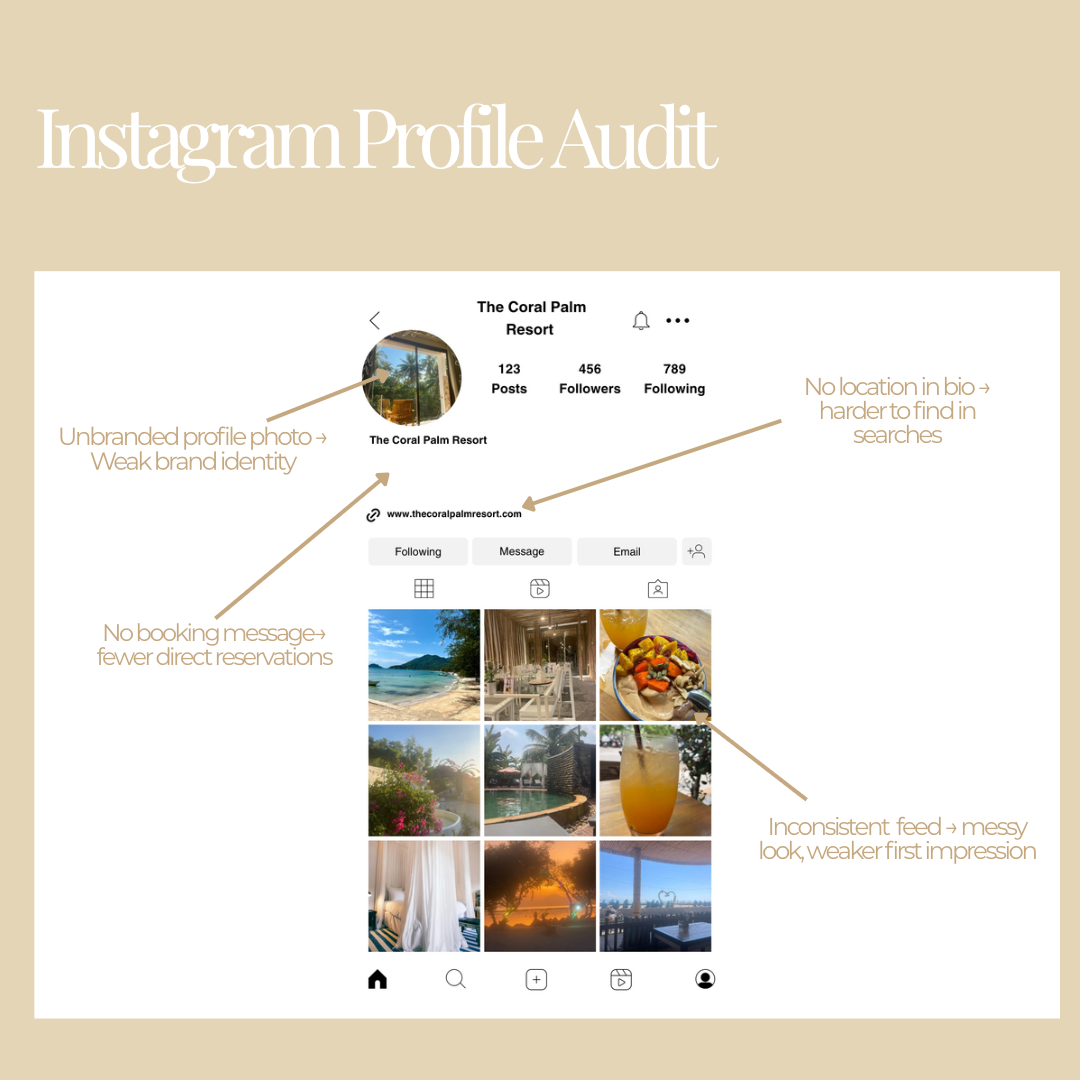 Instagram profile audit for The Coral Palm Resort, including unbranded profile photo, no location info, no booking message, and inconsistent feed with messy look.