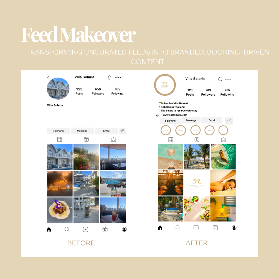 Side-by-side comparison of an Instagram profile before and after branding makeover. Both profiles belong to Villa Solaria, featuring profile pictures, posts, followers, following counts, bio, and photo grid of various travel, food, and sunset images.