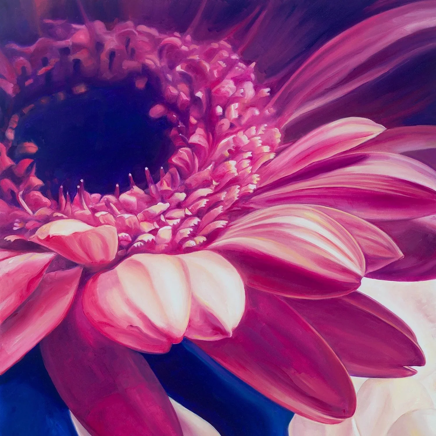 Close-up of a pink flower with a dark center, showing detailed petals and stamens in a realistic painting style.