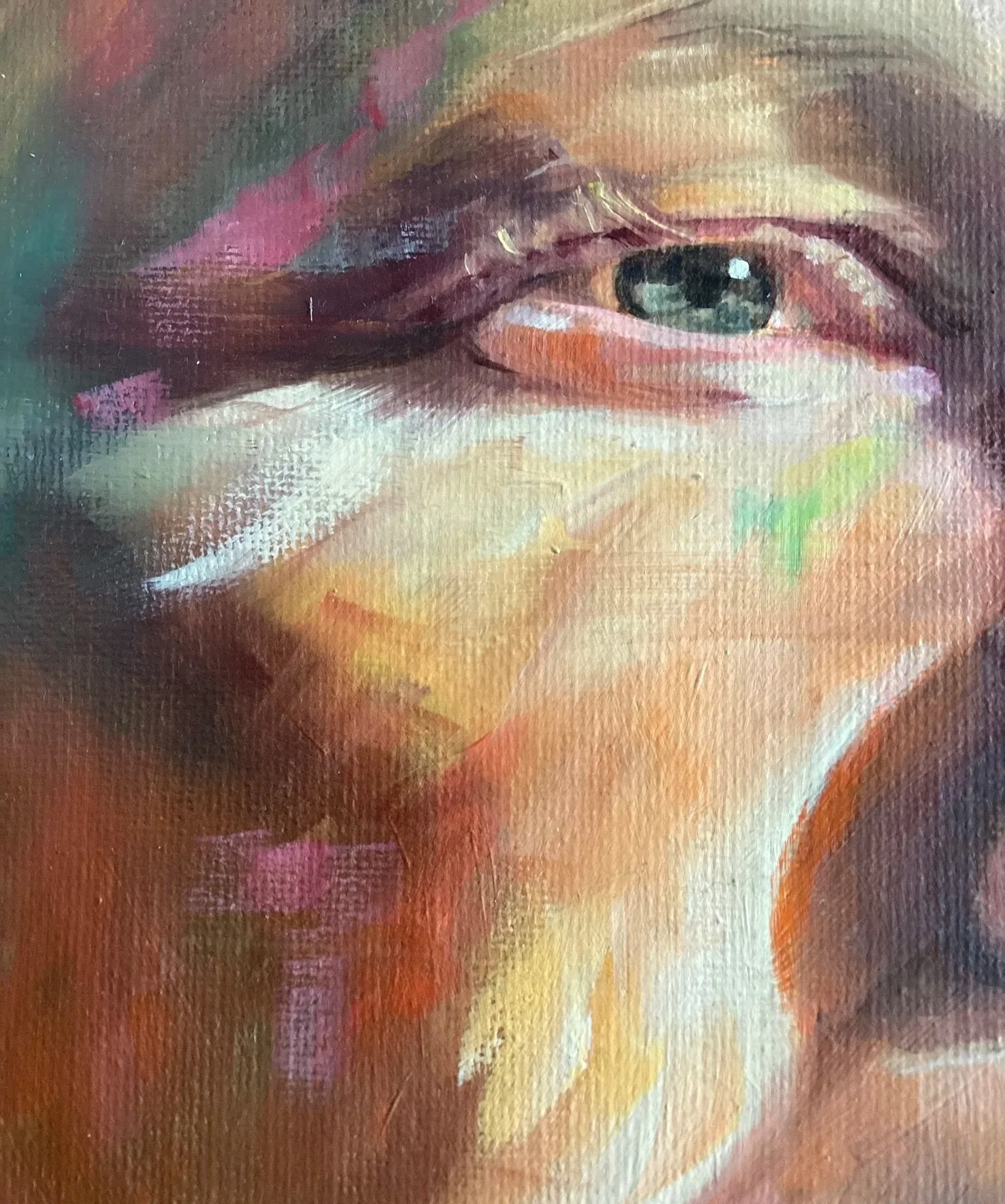 Close-up of a person's eye, showing detailed eyelash, eyebrow, and skin textures, painted in an impressionistic style with blended warm and cool colors.