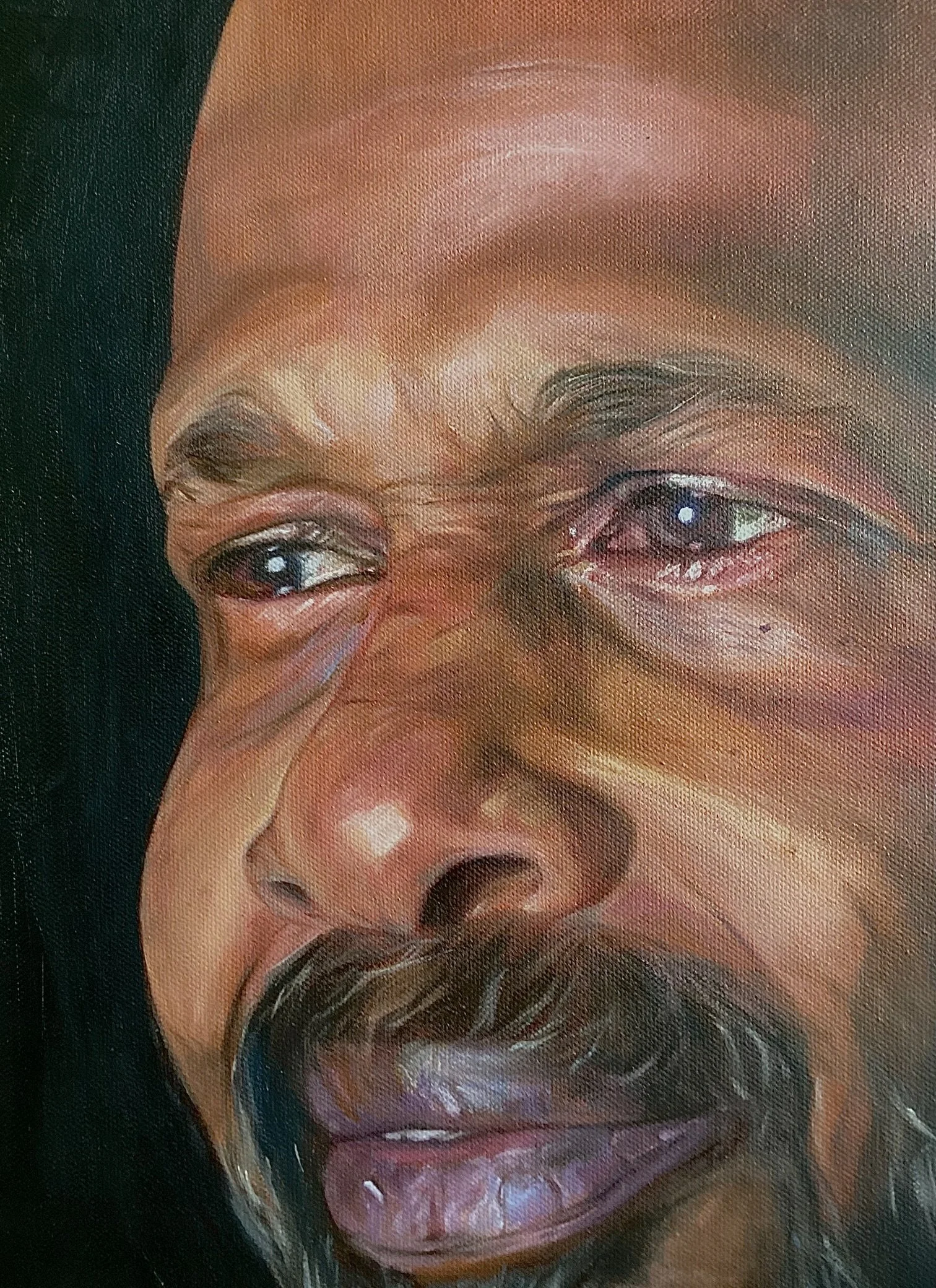 Close-up of a man's face with a dark beard, mustache, and glasses, painted in a realistic style.