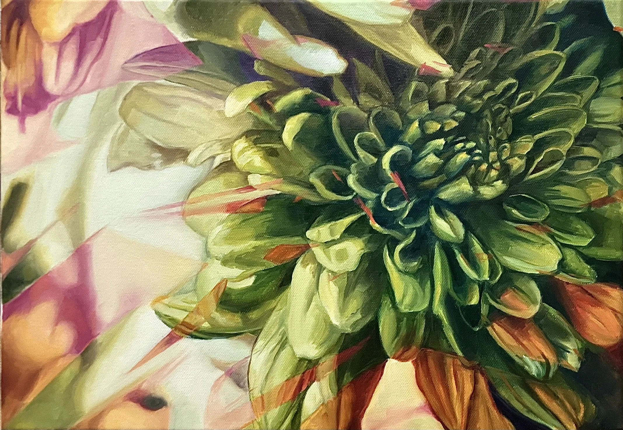 Close-up of a vibrant green and golden succulent plant with a background of pink and peach-colored flowers and leaves.