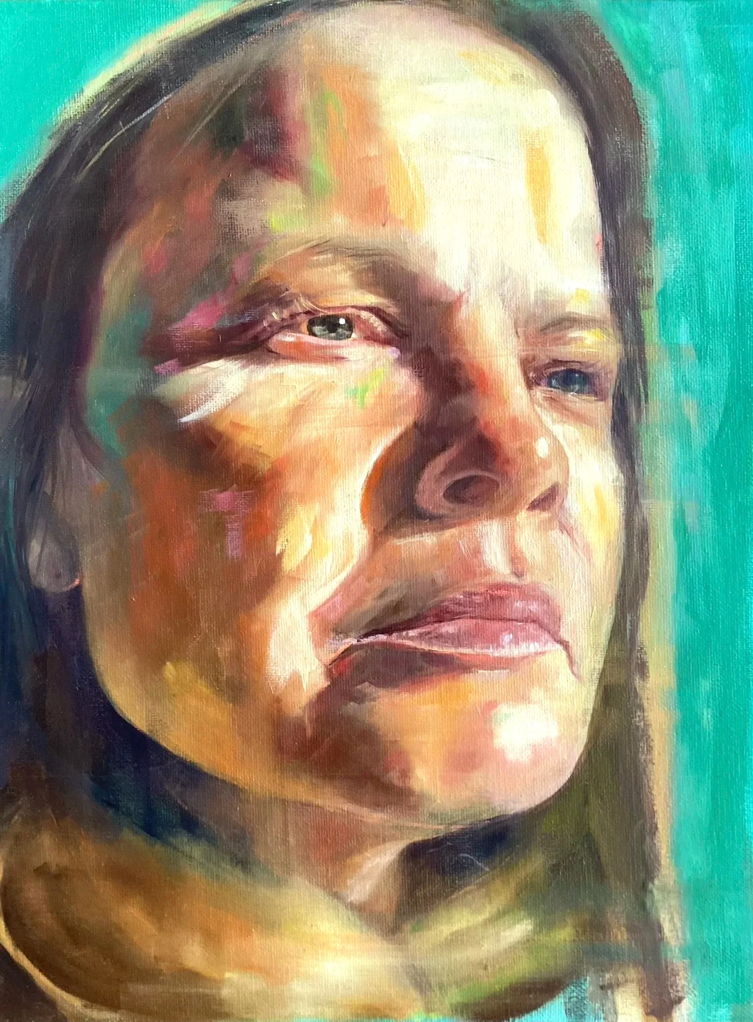 A colorful portrait painting of a woman with a pensive expression, looking slightly to the side, with a teal background.