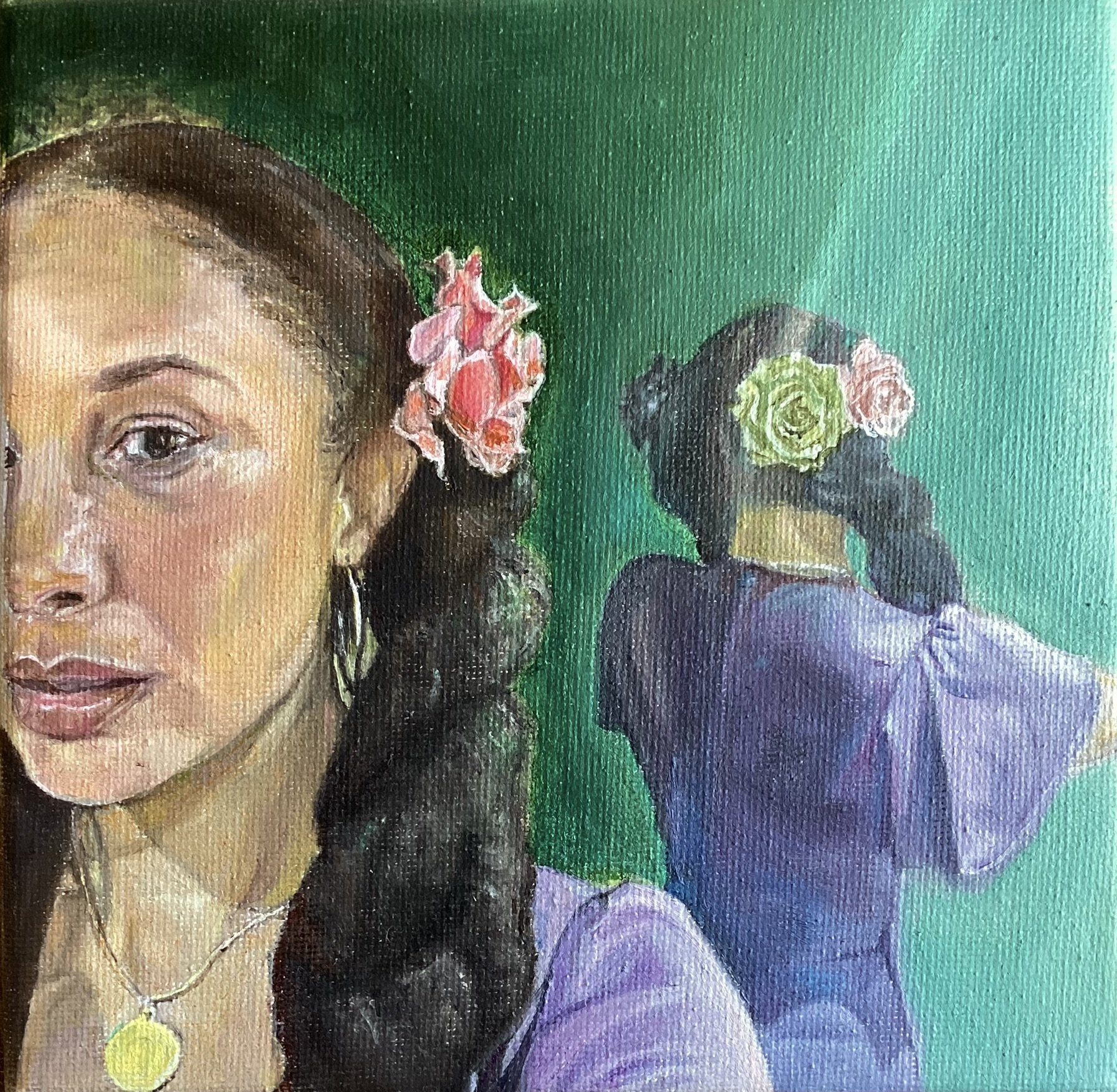 Painted portrait of a women with flowers in their hair. The reflection of her back is seen to the side. With a green background.