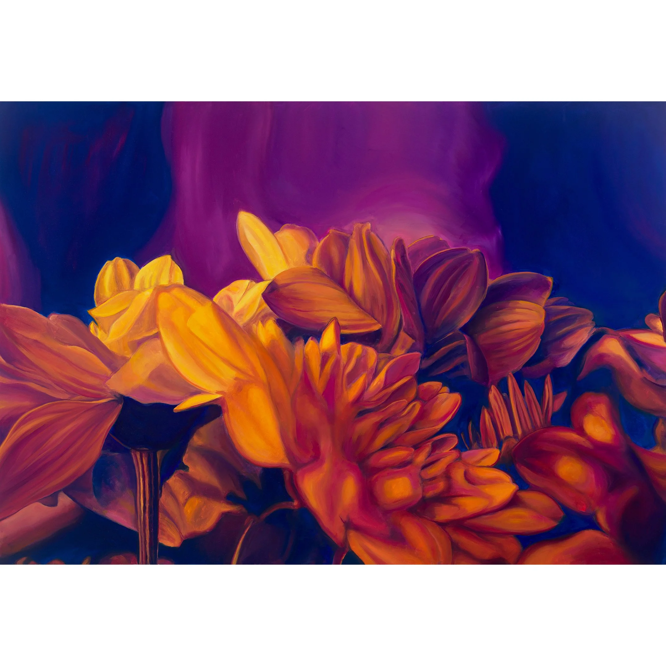 Purple and orange flowers. Giclée print.