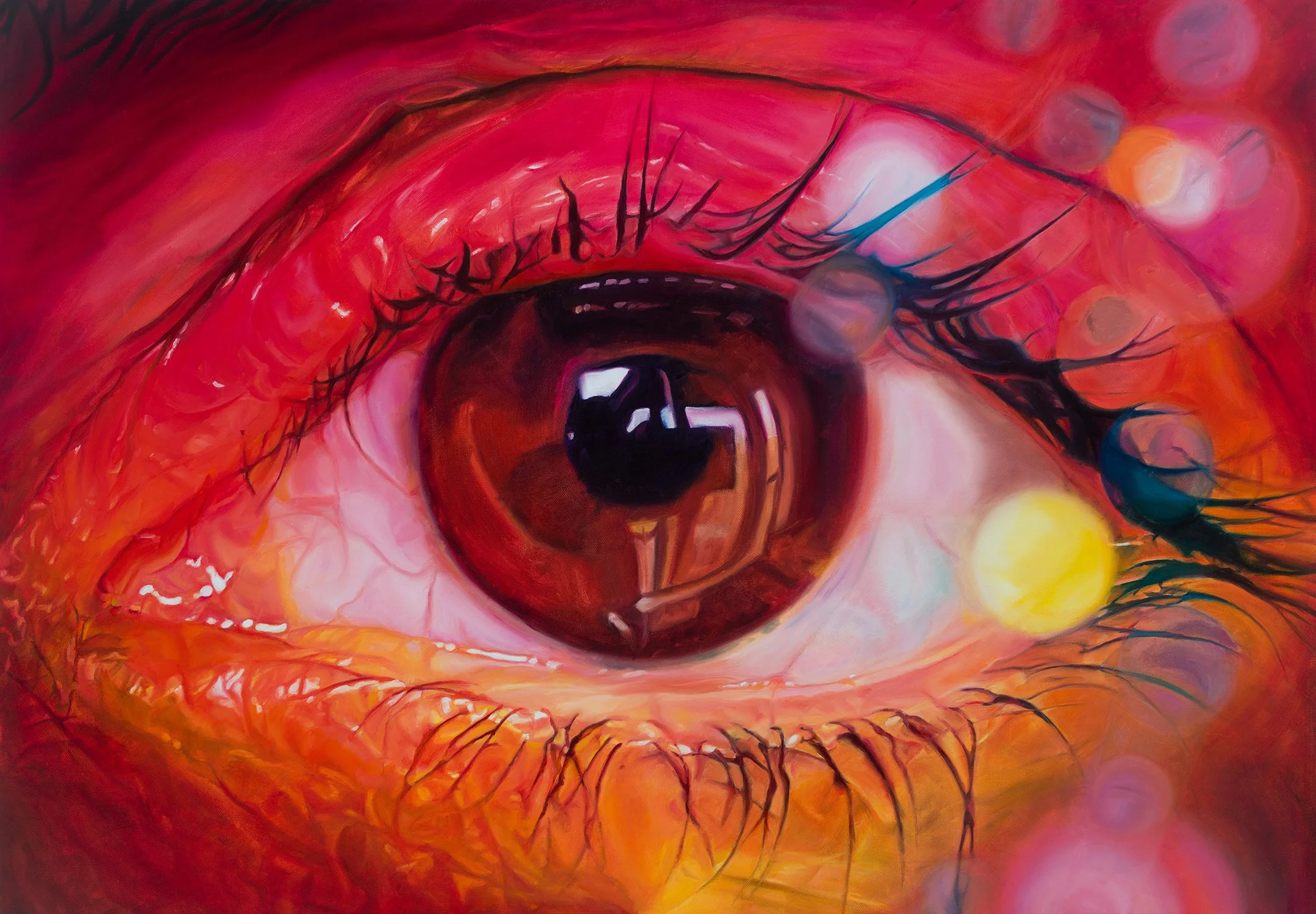 Close-up of a human eye with vibrant red, orange, and pink tones, reflecting light in the dark pupil, surrounded by long eyelashes and colorful bokeh lights in the background.