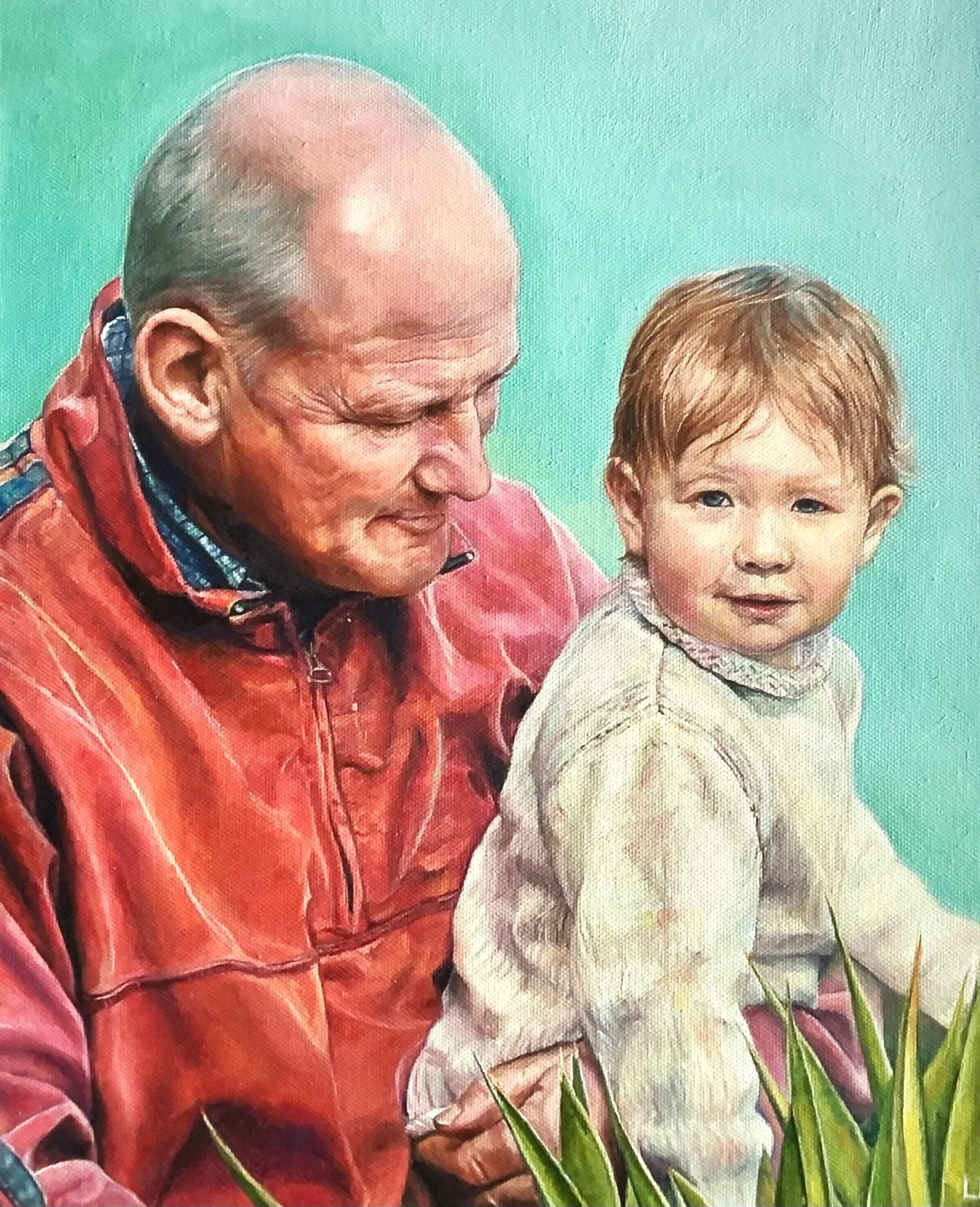 A painting of an elderly man with a bald head and a young child with brown hair, sitting together against a turquoise background. The man is wearing a red jacket, and the child is wearing a cream-colored sweater. Green plants are at the bottom of the image.