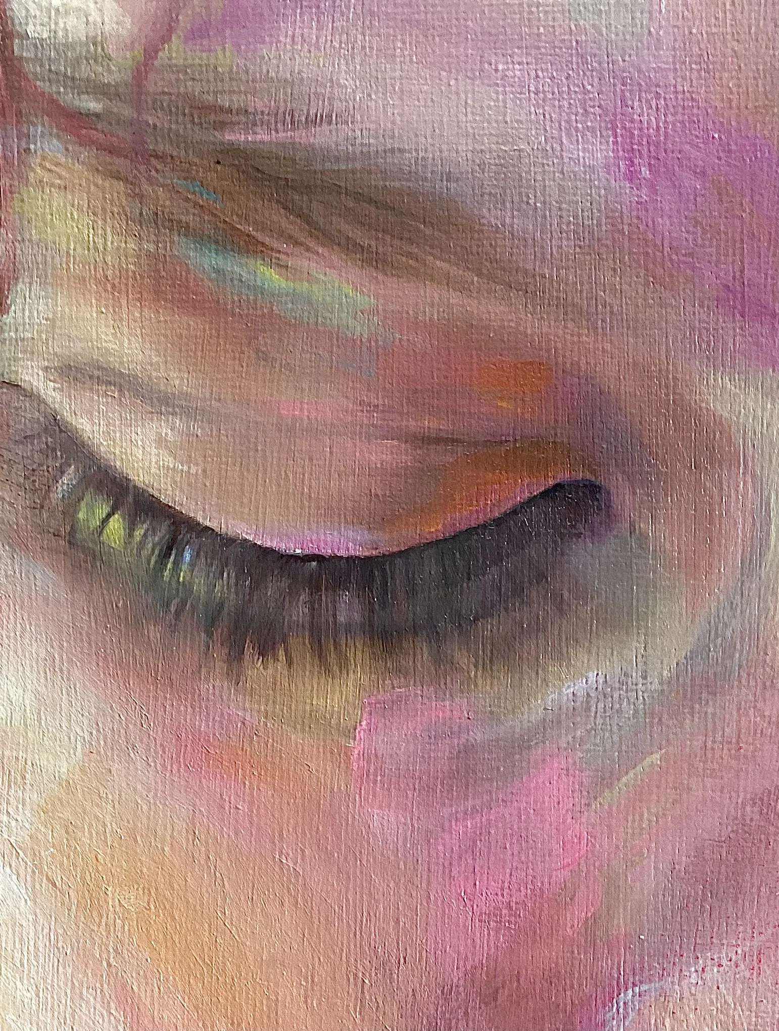 Close-up of a child's face with their eyes closed, focusing on their eyelashes, painted in soft, pastel colors with a textured, artistic style.