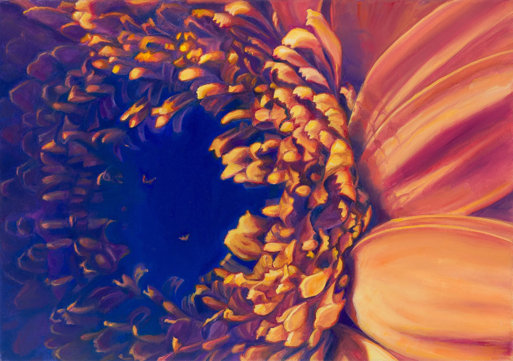 A close-up painting of a flower, featuring the dark center surrounded by bright yellow petals with hues of orange and purple.
