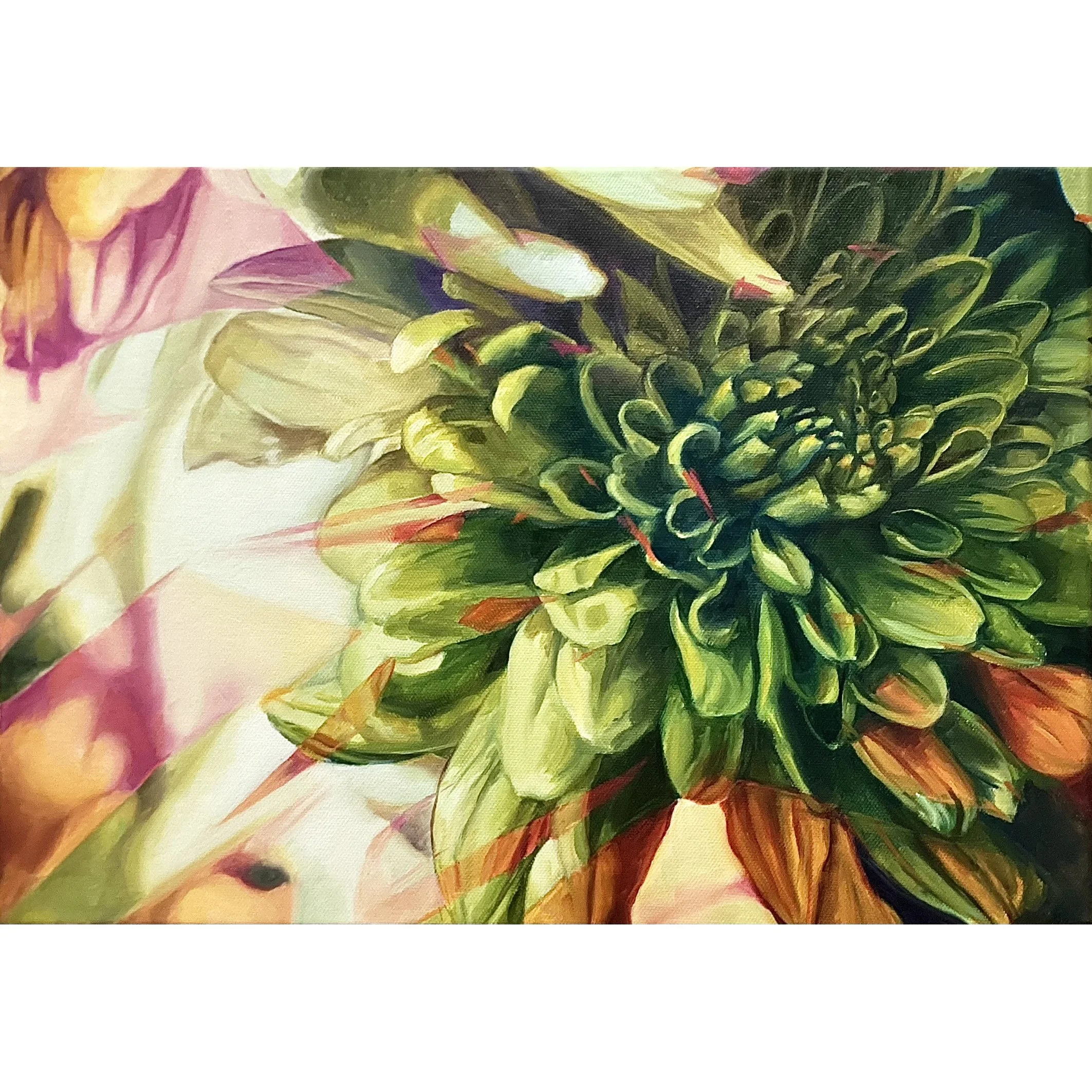 Green and pink flowers. Original oil painting.