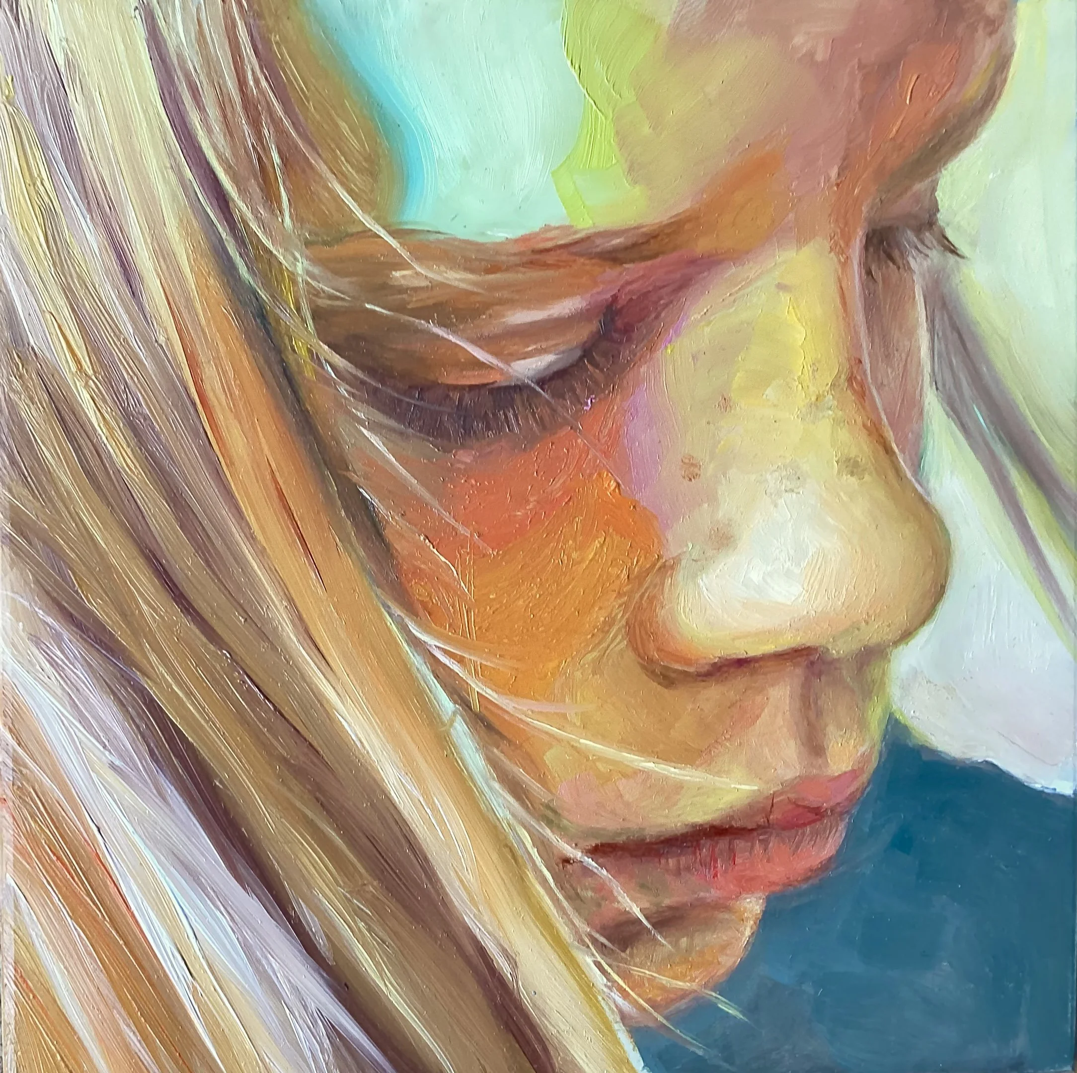 Close-up of an abstract portrait of a woman with blonde hair, smiling gently, with vibrant colors and expressive brushstrokes.