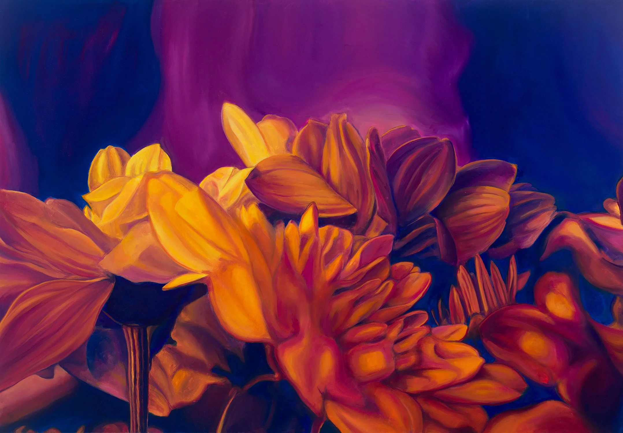Painting of vibrant orange and yellow flowers with a purple and blue background.