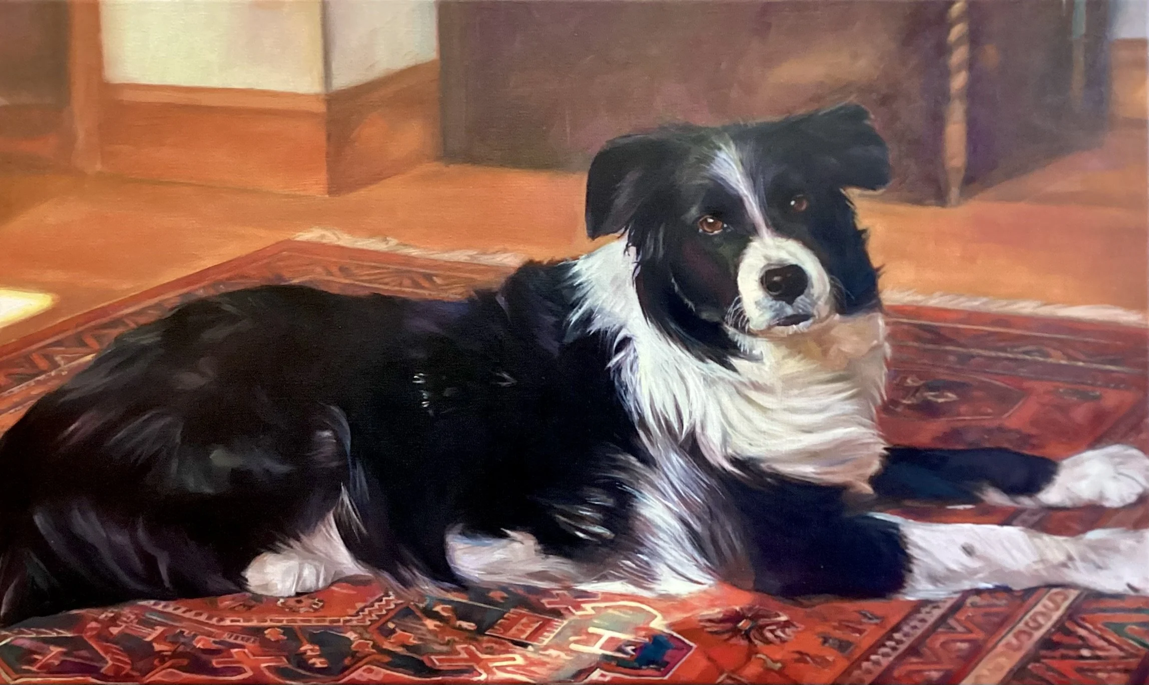 Painting of a black and white dog laying on a patterned rug indoors, with wooden furniture and a wall in the background.