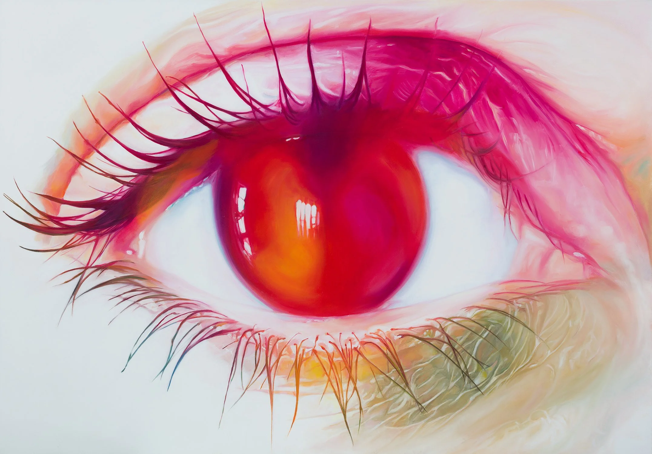 Close-up of a human eye with a red and orange iris, surrounded by pink and purple eyelashes and a white sclera.