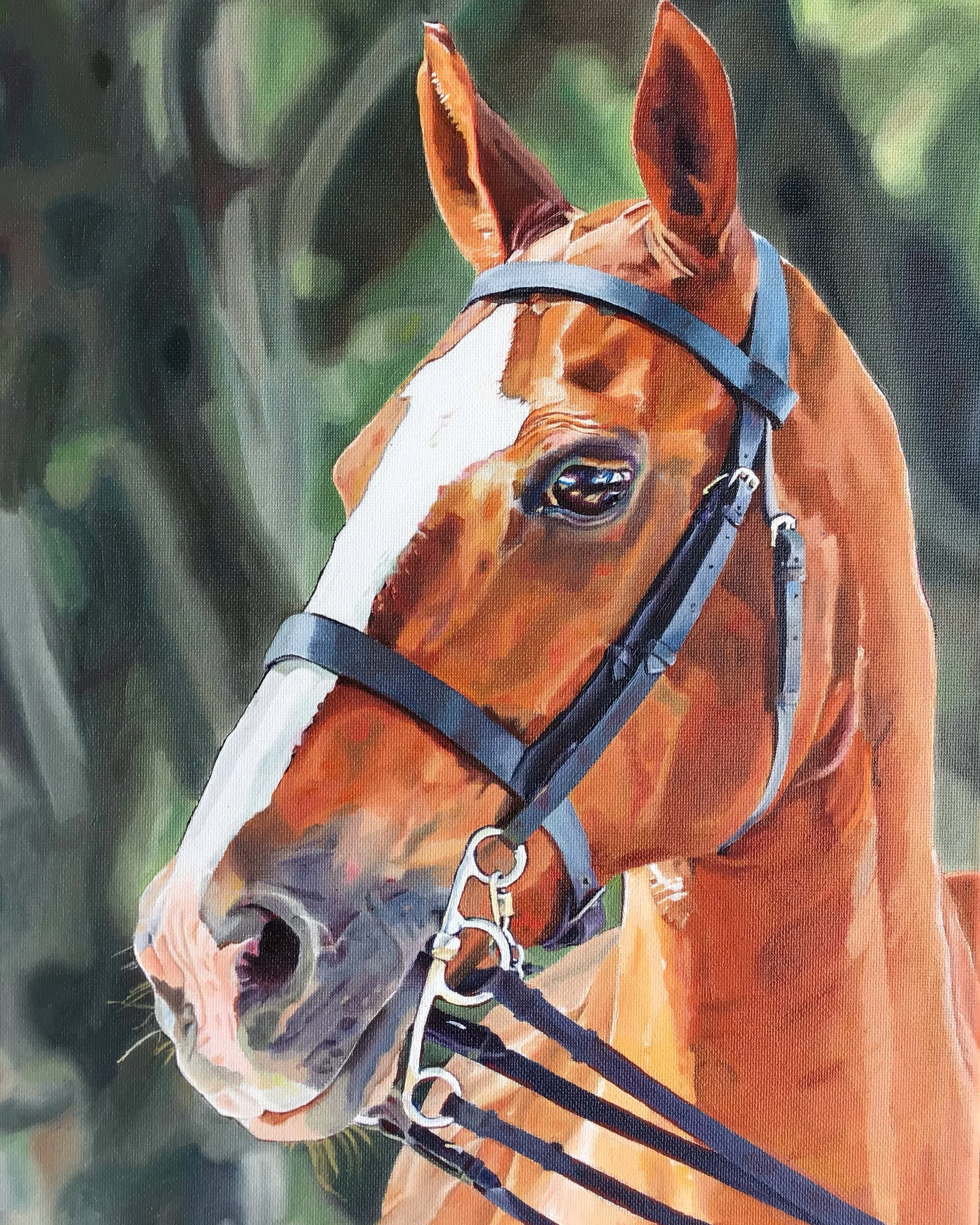 Painting of a brown horse with a white stripe on its face, wearing a blue bridle, with a defiant expression and a green blurred background.